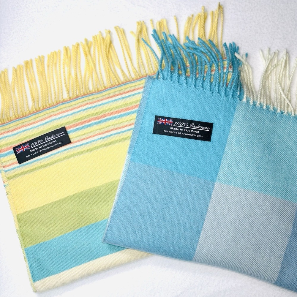 100% Cashmere Scarf Set 2 Made In Scotland Yellow Turquoise Stripe Plaid Fringe
